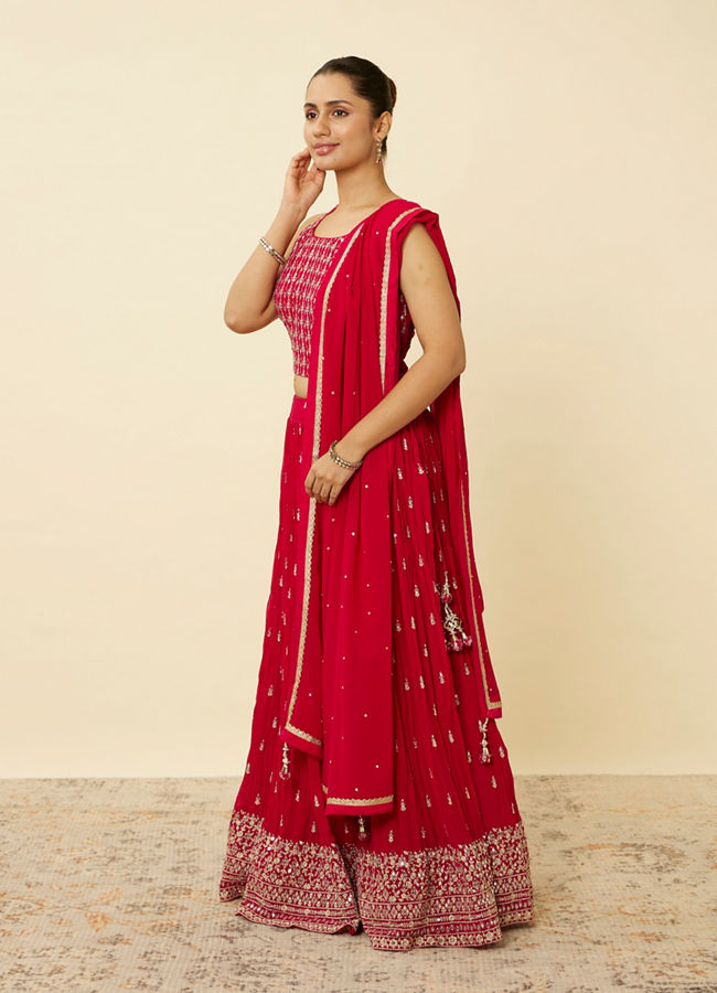 alt message - Mohey Women Coral Red Embroidered Lehenga image number 3