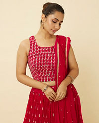 Mohey Women Coral Red Embroidered Lehenga