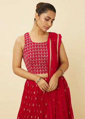 alt message - Mohey Women Coral Red Embroidered Lehenga image number 1