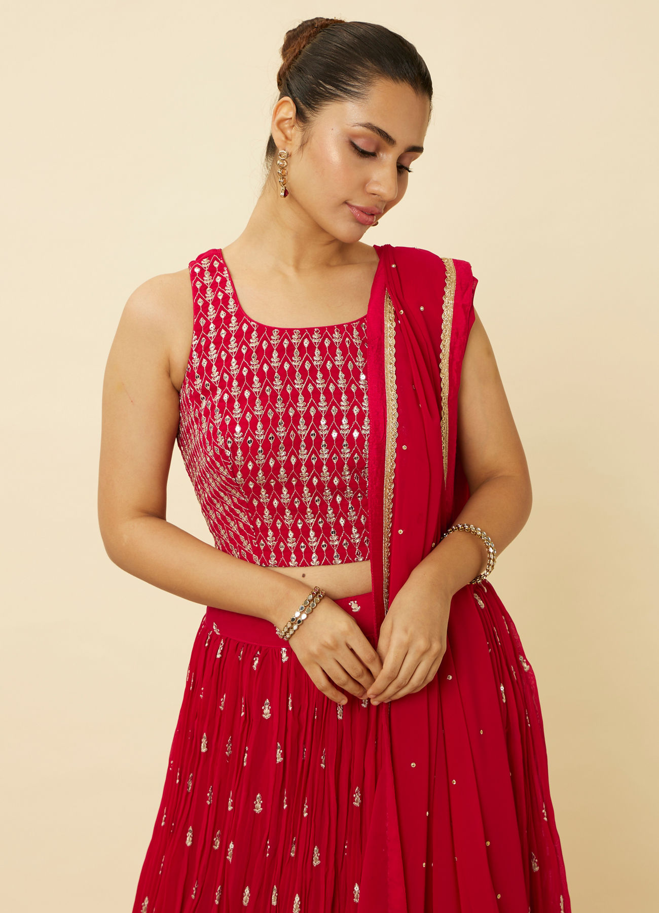 Mohey Women Coral Red Embroidered Lehenga