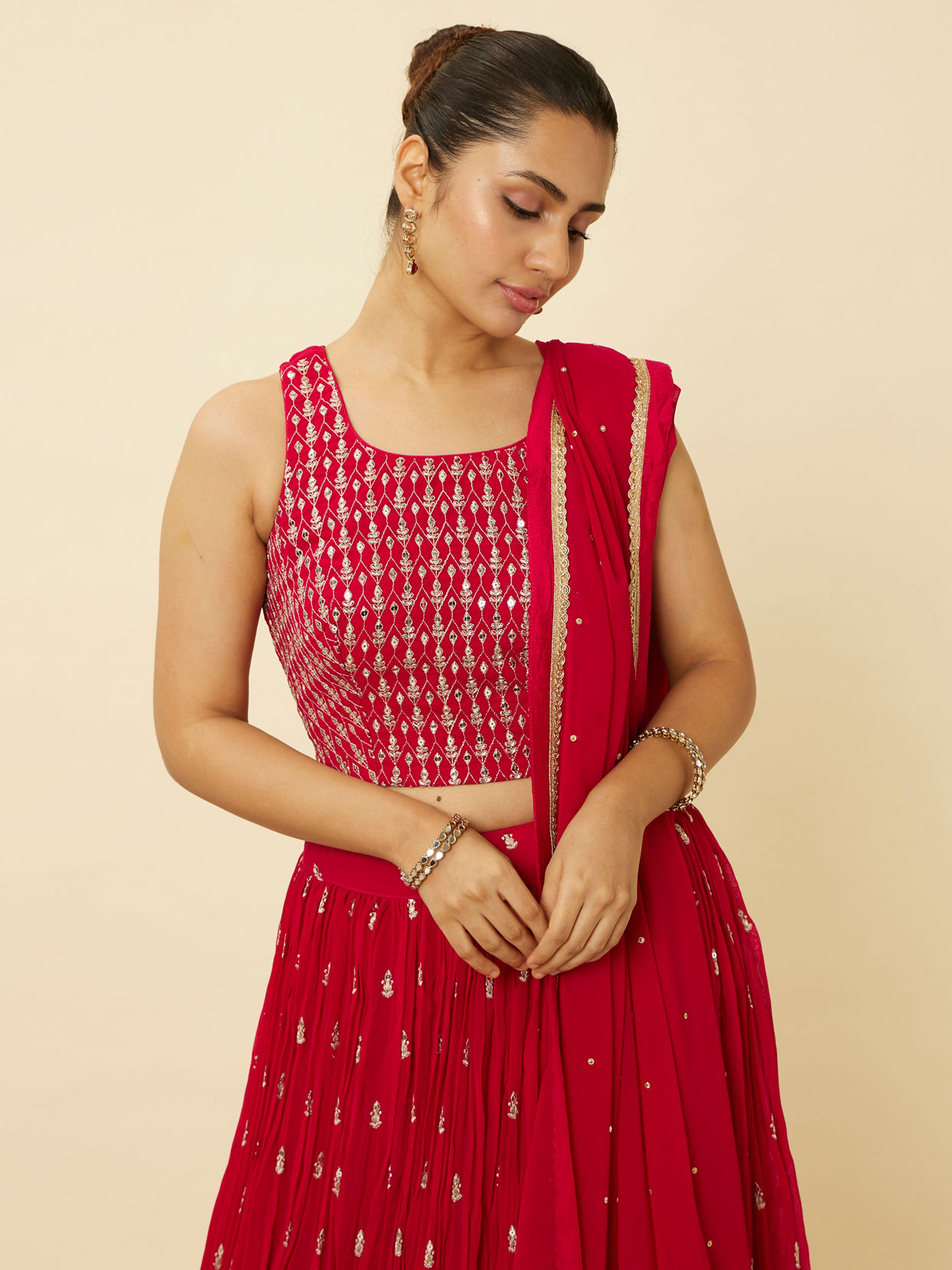 Mohey Women Coral Red Embroidered Lehenga