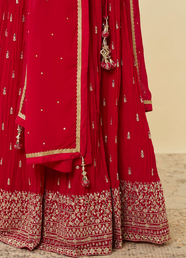 Mohey Women Coral Red Embroidered Lehenga