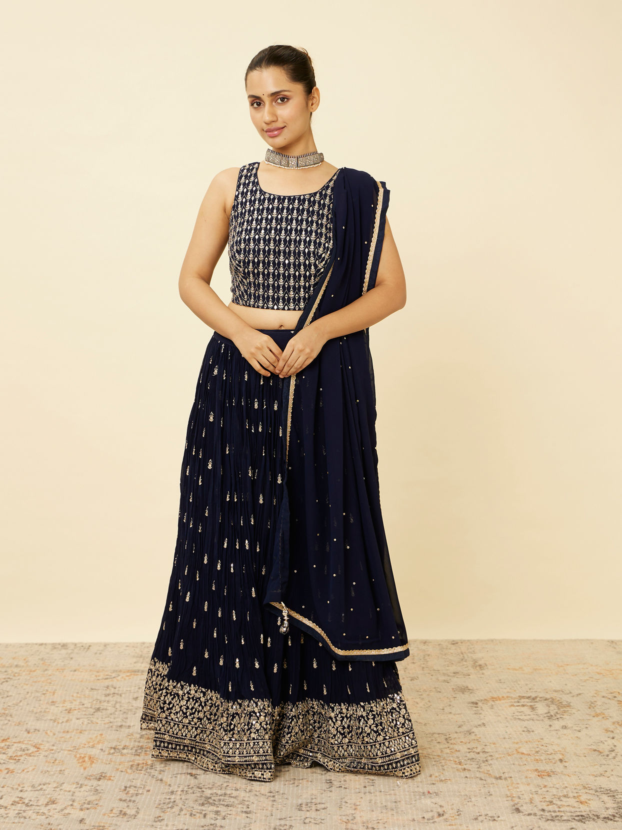 alt message - Mohey Women Indigo Blue Embroidered Lehenga image number 0