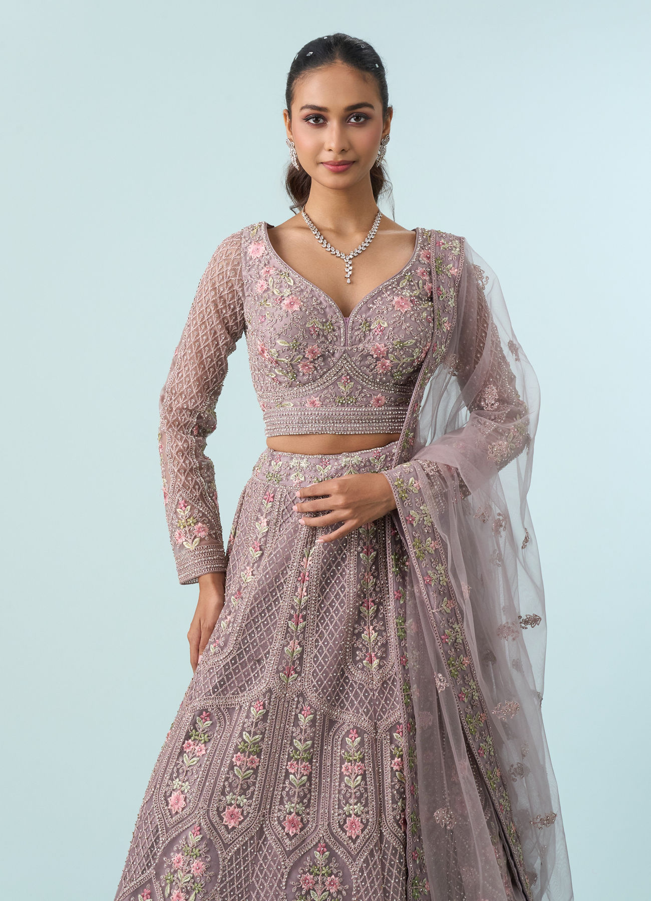 Mohey Women Enthralling Purple Net Lehenga
