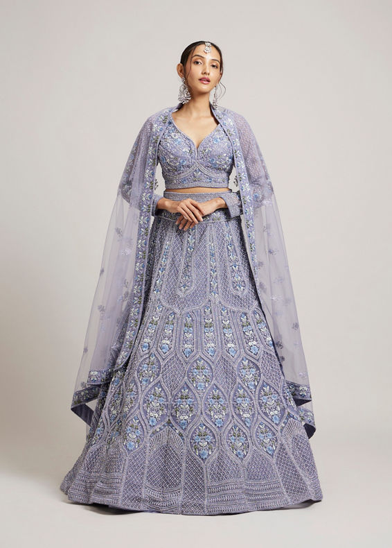 Mohey Women Powder Blue Ogee And Jaal Patterned Lehenga with Sequin And Beaded Embroidery