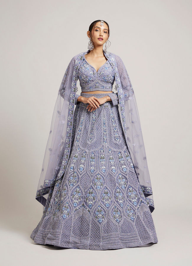 Mohey Women Powder Blue Ogee And Jaal Patterned Lehenga with Sequin And Beaded Embroidery