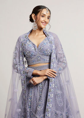 Mohey Women Powder Blue Ogee And Jaal Patterned Lehenga with Sequin And Beaded Embroidery