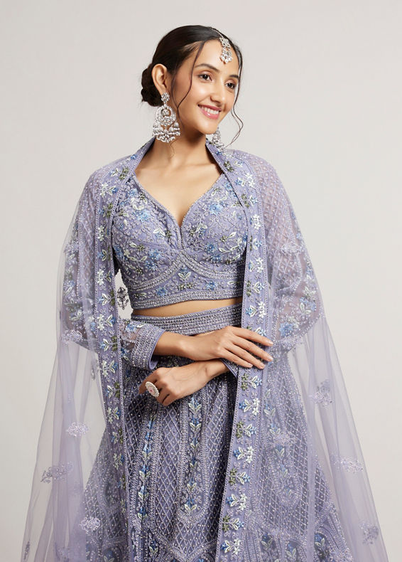 Mohey Women Powder Blue Ogee And Jaal Patterned Lehenga with Sequin And Beaded Embroidery