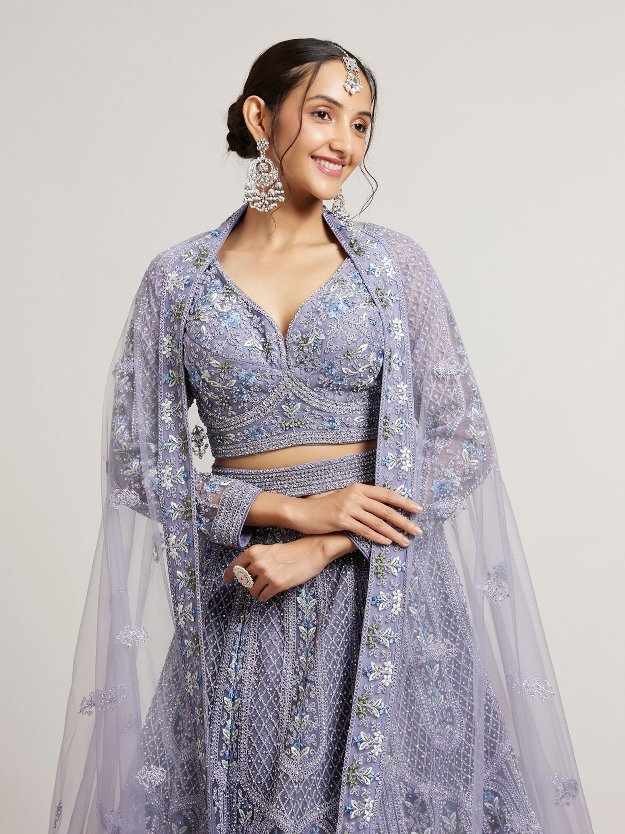 Mohey Women Powder Blue Ogee And Jaal Patterned Lehenga with Sequin And Beaded Embroidery