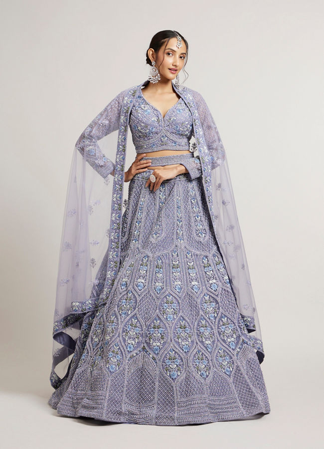 Mohey Women Powder Blue Ogee And Jaal Patterned Lehenga with Sequin And Beaded Embroidery