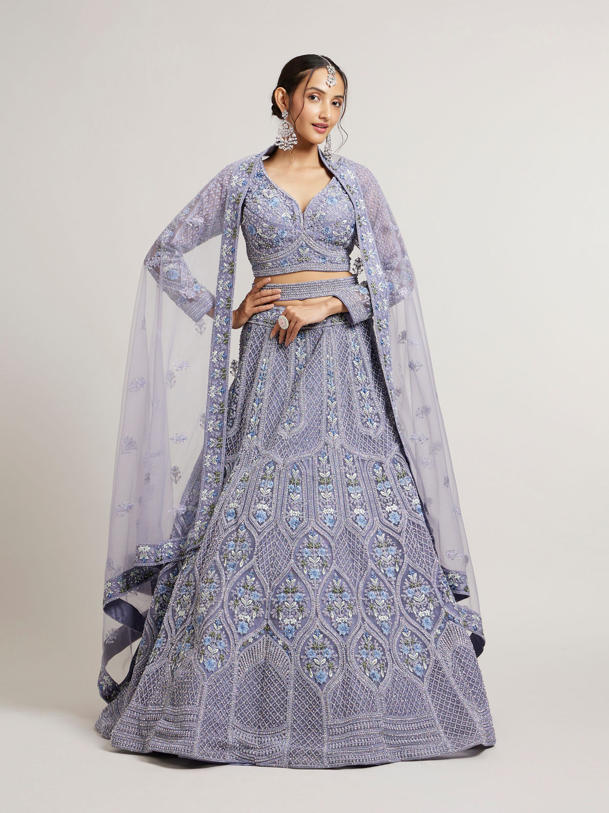 Mohey Women Powder Blue Ogee And Jaal Patterned Lehenga with Sequin And Beaded Embroidery