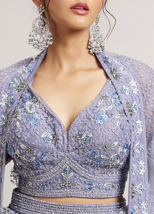 Mohey Women Powder Blue Ogee And Jaal Patterned Lehenga with Sequin And Beaded Embroidery