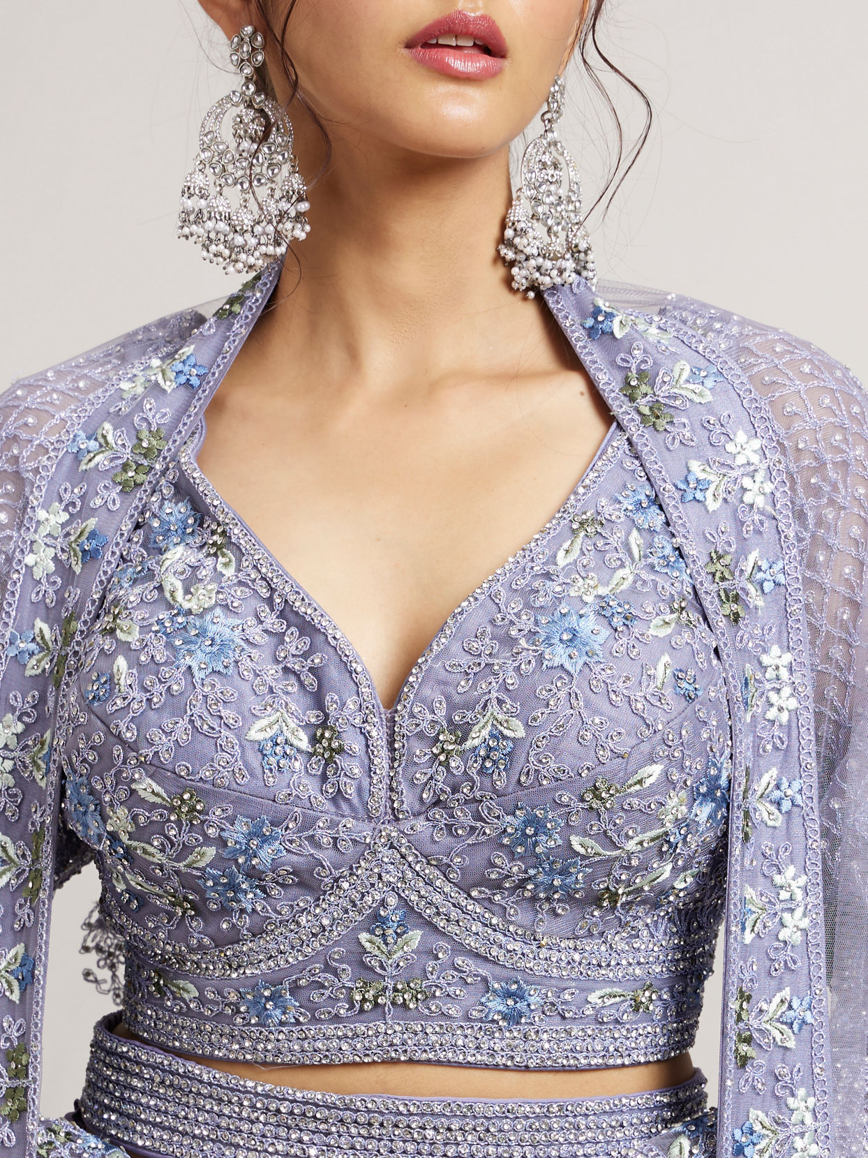 Mohey Women Powder Blue Ogee And Jaal Patterned Lehenga with Sequin And Beaded Embroidery