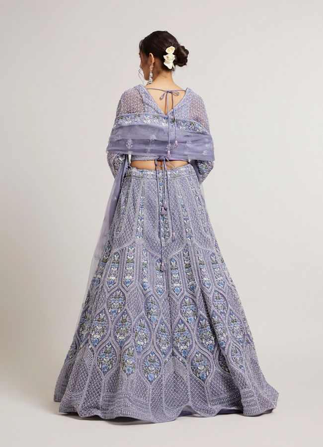 Mohey Women Powder Blue Ogee And Jaal Patterned Lehenga with Sequin And Beaded Embroidery