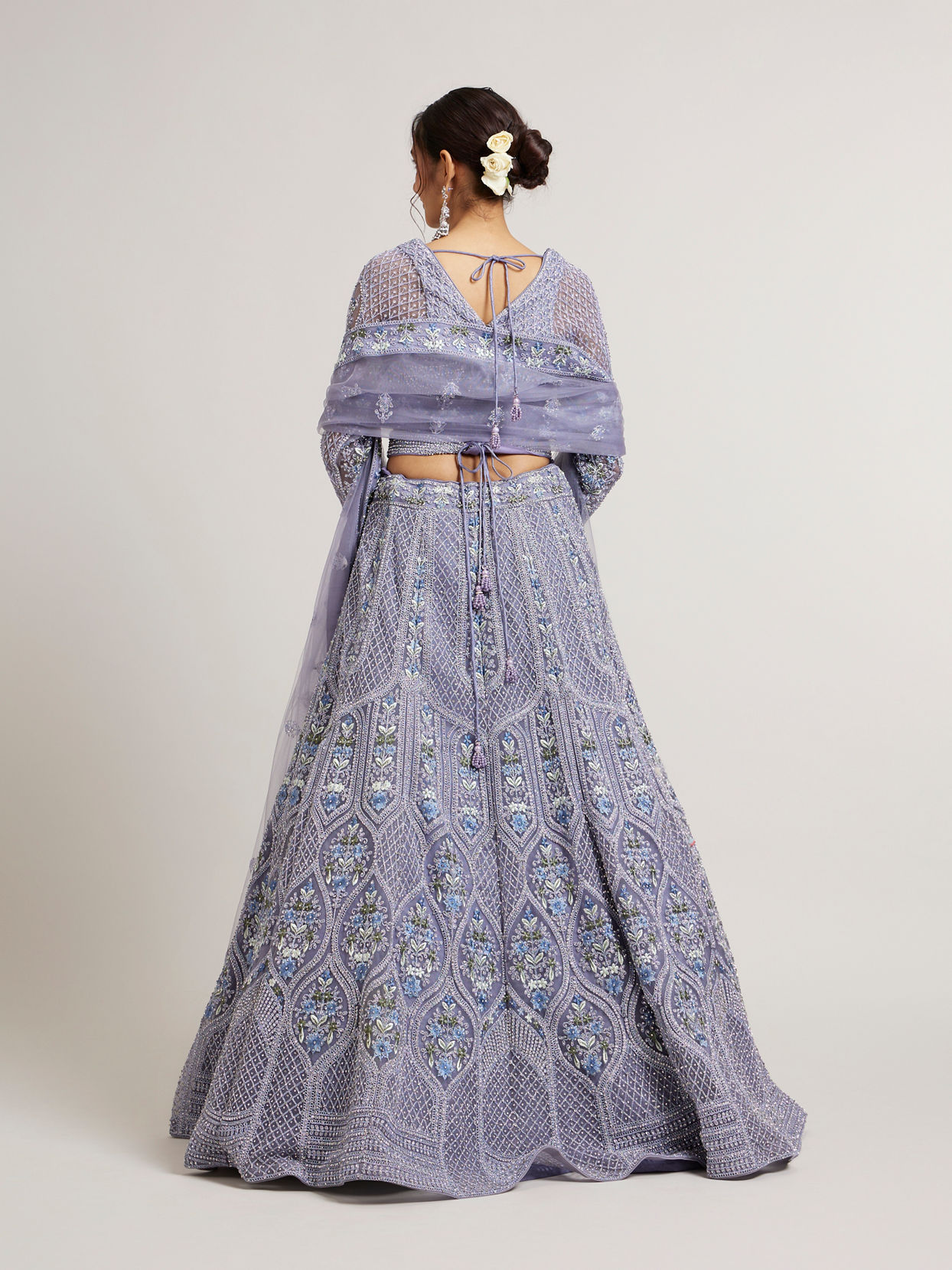 Mohey Women Powder Blue Ogee And Jaal Patterned Lehenga with Sequin And Beaded Embroidery
