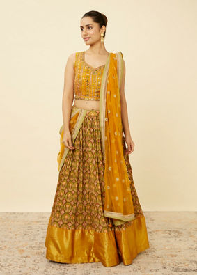 Mohey Women Mustard Yellow and Pista Green Floral Patterned Lehenga