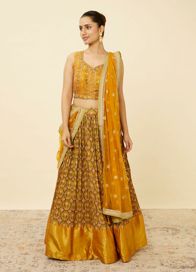 Mohey Women Mustard Yellow and Pista Green Floral Patterned Lehenga