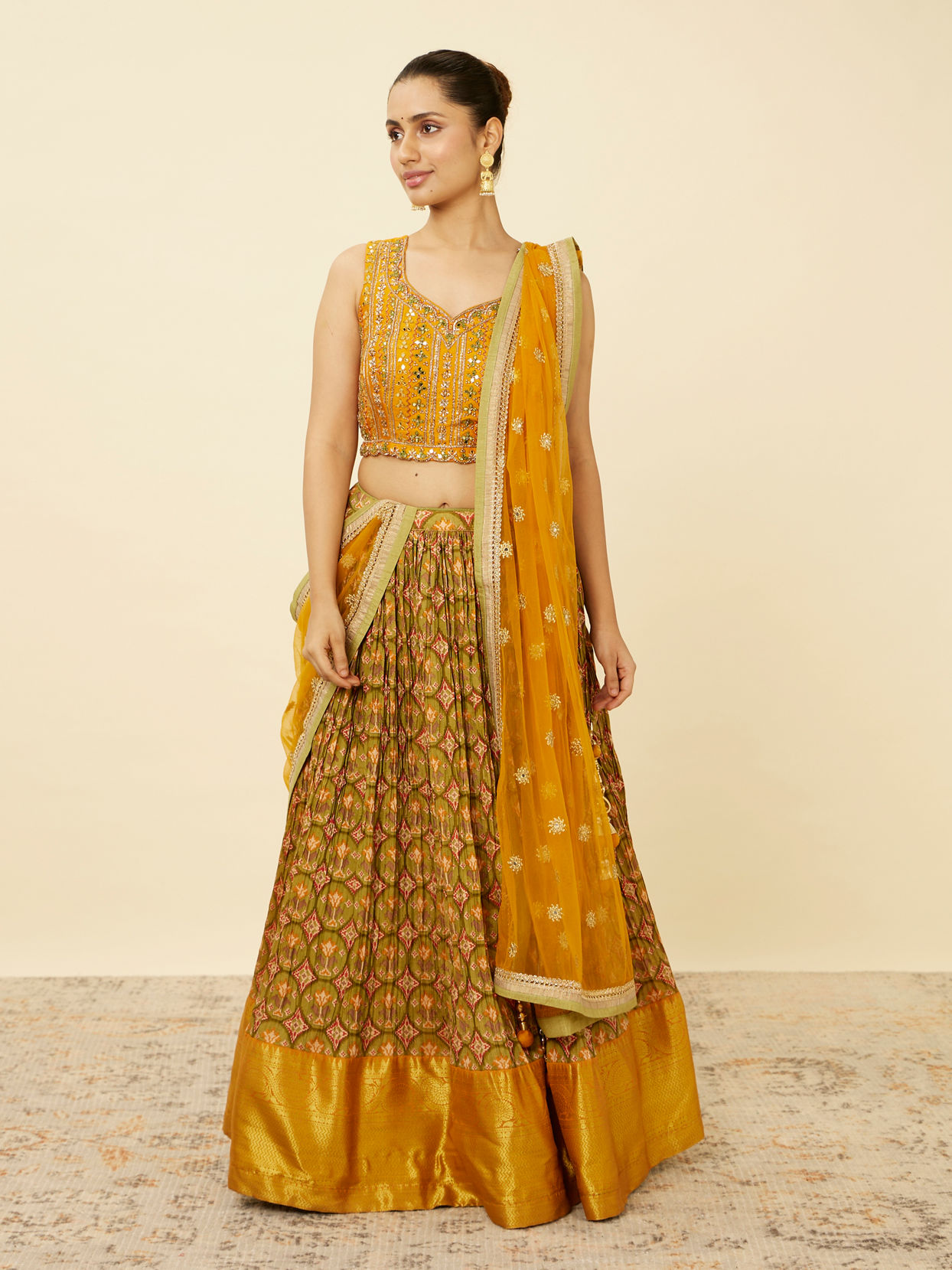 Mohey Women Mustard Yellow and Pista Green Floral Patterned Lehenga