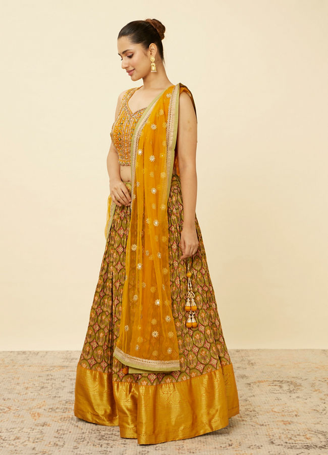 Mohey Women Mustard Yellow and Pista Green Floral Patterned Lehenga