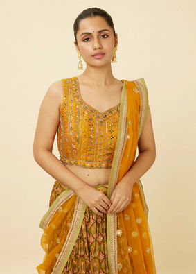 Mohey Women Mustard Yellow and Pista Green Floral Patterned Lehenga