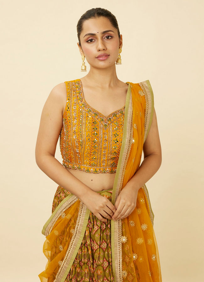Mohey Women Mustard Yellow and Pista Green Floral Patterned Lehenga