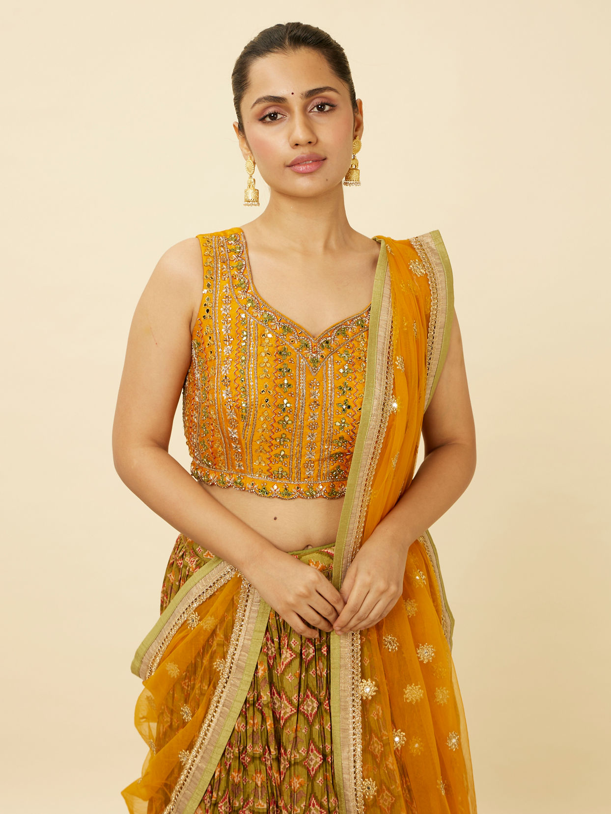 alt message - Mohey Women Mustard Yellow and Pista Green Floral Patterned Lehenga image number 1