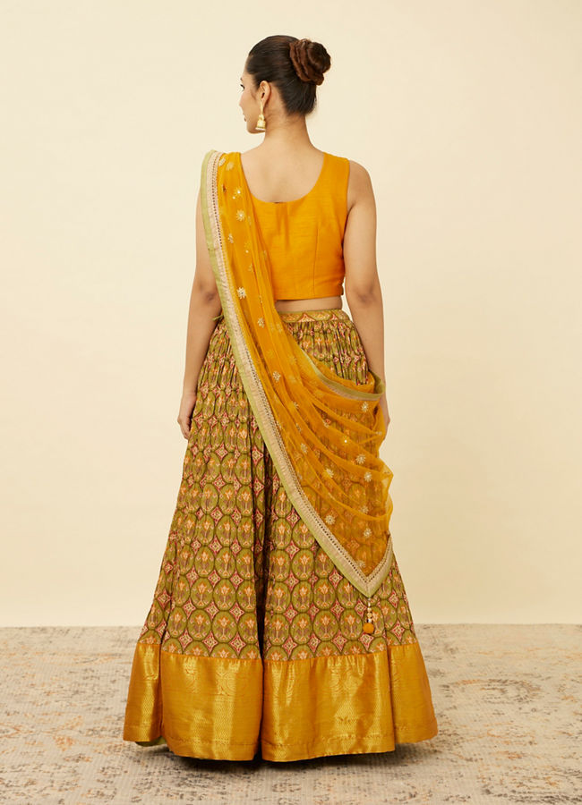 Mohey Women Mustard Yellow and Pista Green Floral Patterned Lehenga