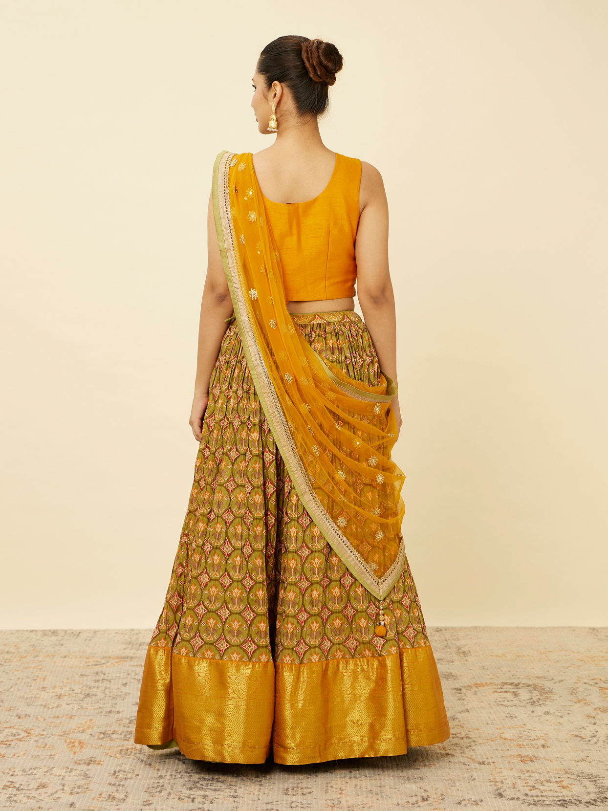 Mohey Women Mustard Yellow and Pista Green Floral Patterned Lehenga