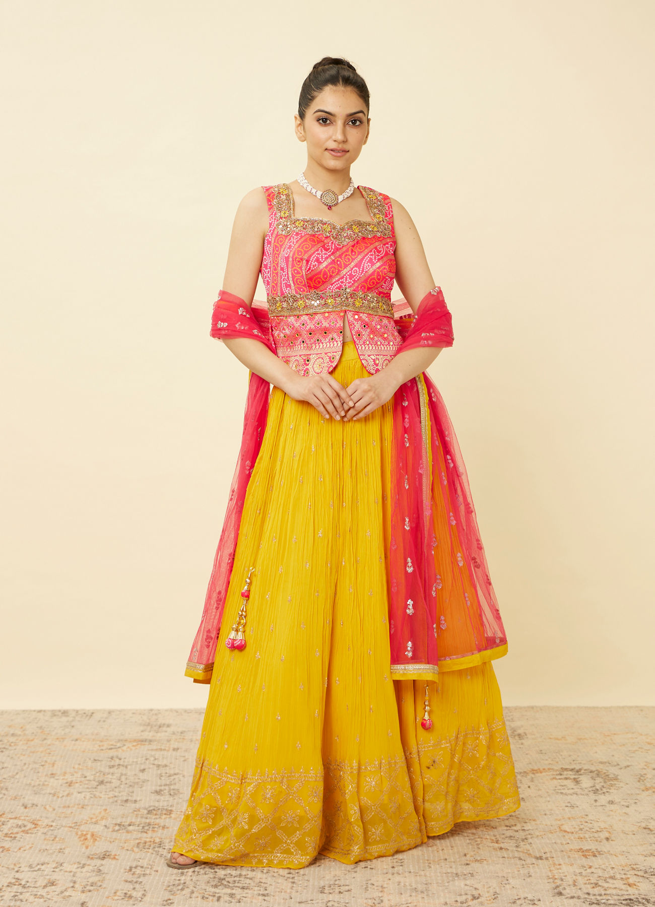 Mohey Women Yellow and Ruby Pink Sequined Fusion Lehenga