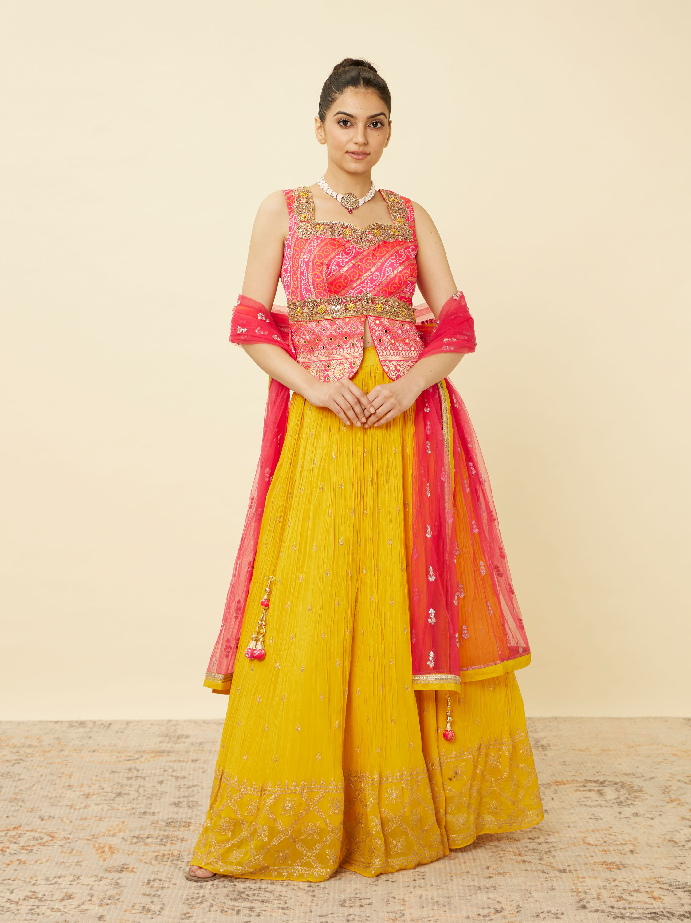 Mohey Women Yellow and Ruby Pink Sequined Fusion Lehenga