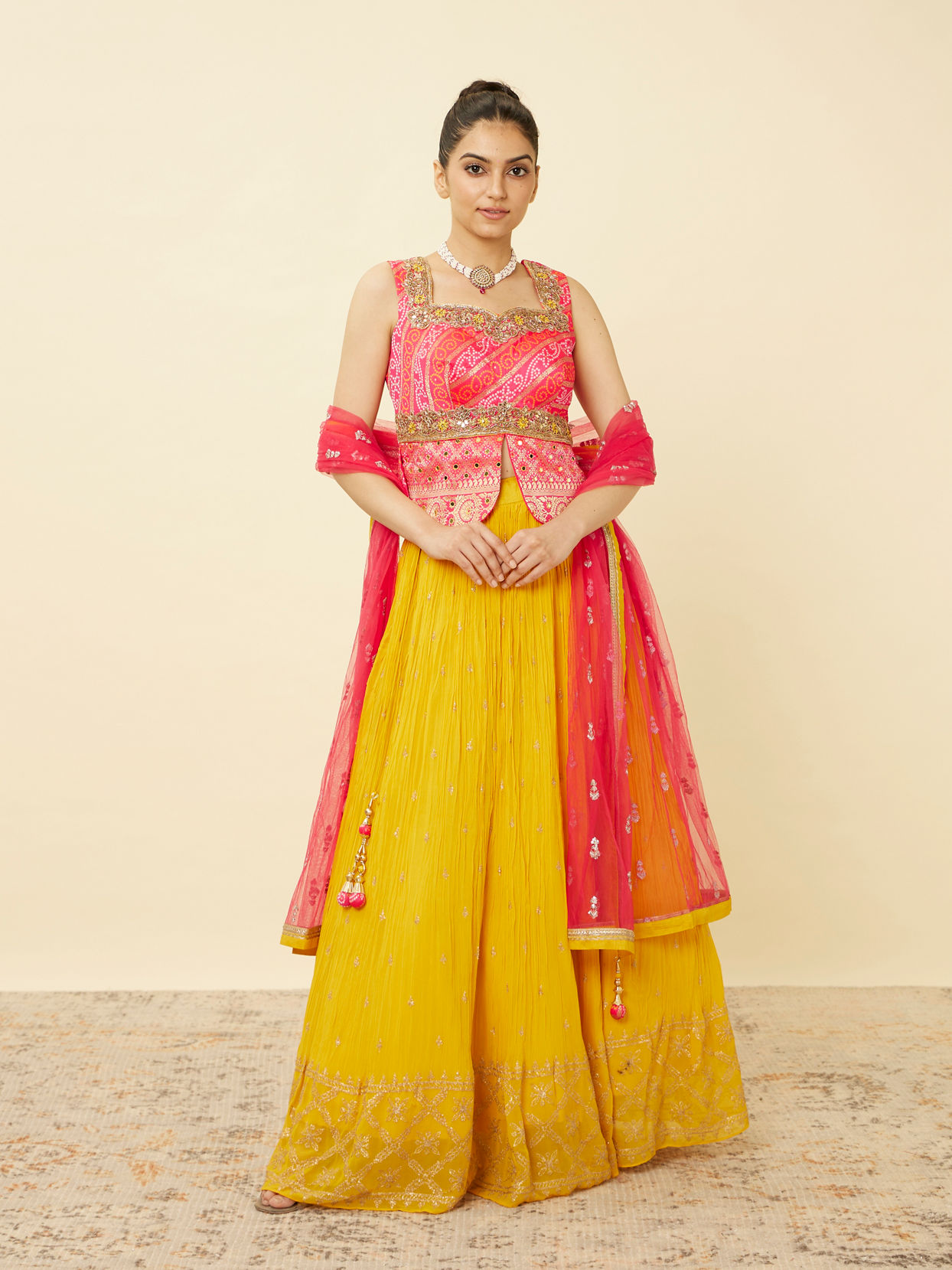 Mohey Women Yellow and Ruby Pink Sequined Fusion Lehenga