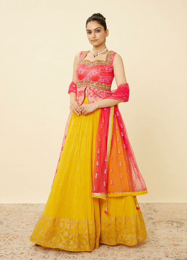 Mohey Women Yellow and Ruby Pink Sequined Fusion Lehenga