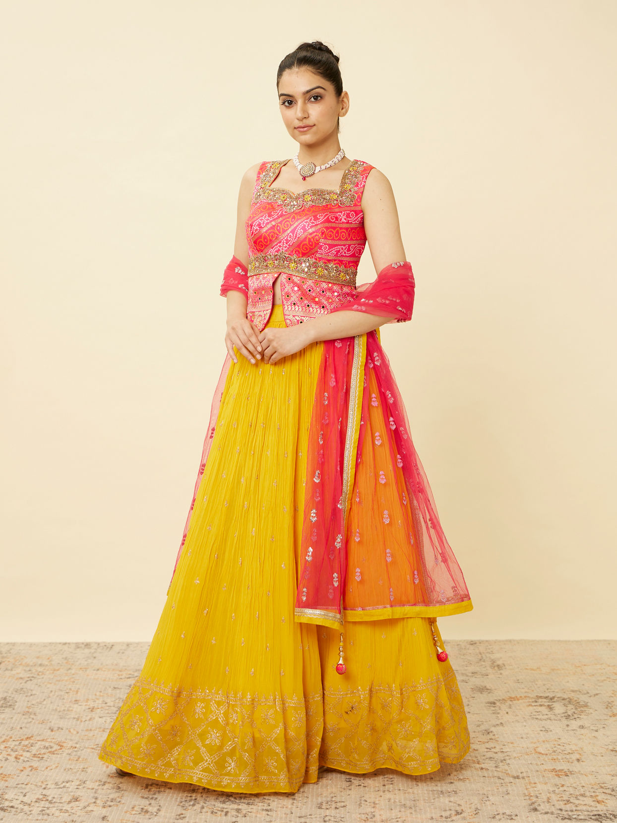 Mohey Women Yellow and Ruby Pink Sequined Fusion Lehenga