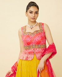 Mohey Women Yellow and Ruby Pink Sequined Fusion Lehenga