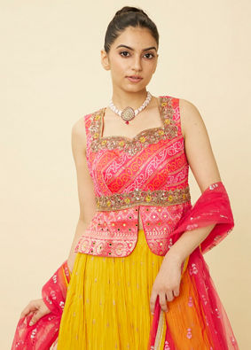 Illuminating Yellow and Ruby Pink Sequined Skirt Top Set image number 1