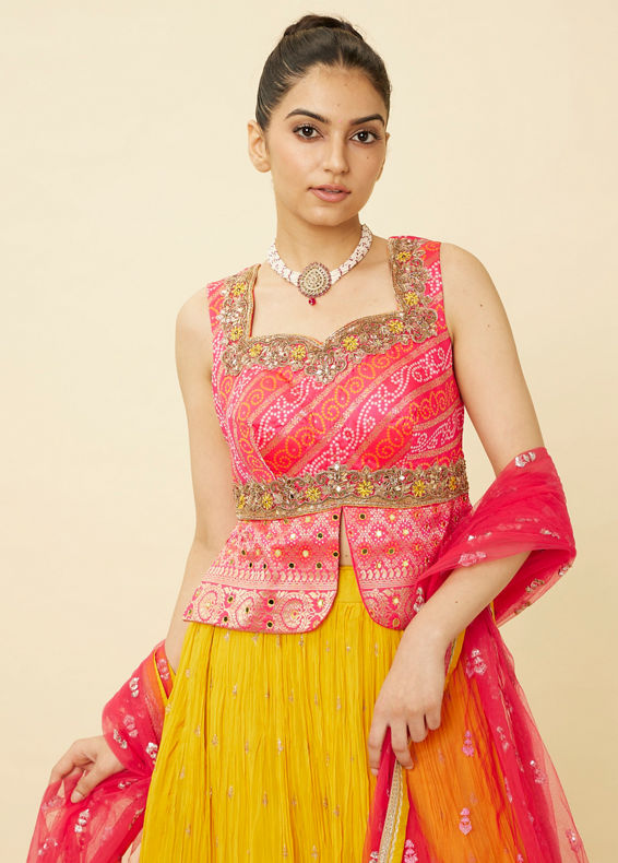 Mohey Women Yellow and Ruby Pink Sequined Fusion Lehenga