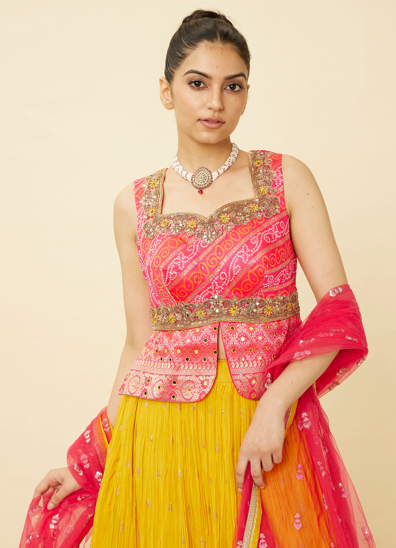 Mohey Women Yellow and Ruby Pink Sequined Fusion Lehenga