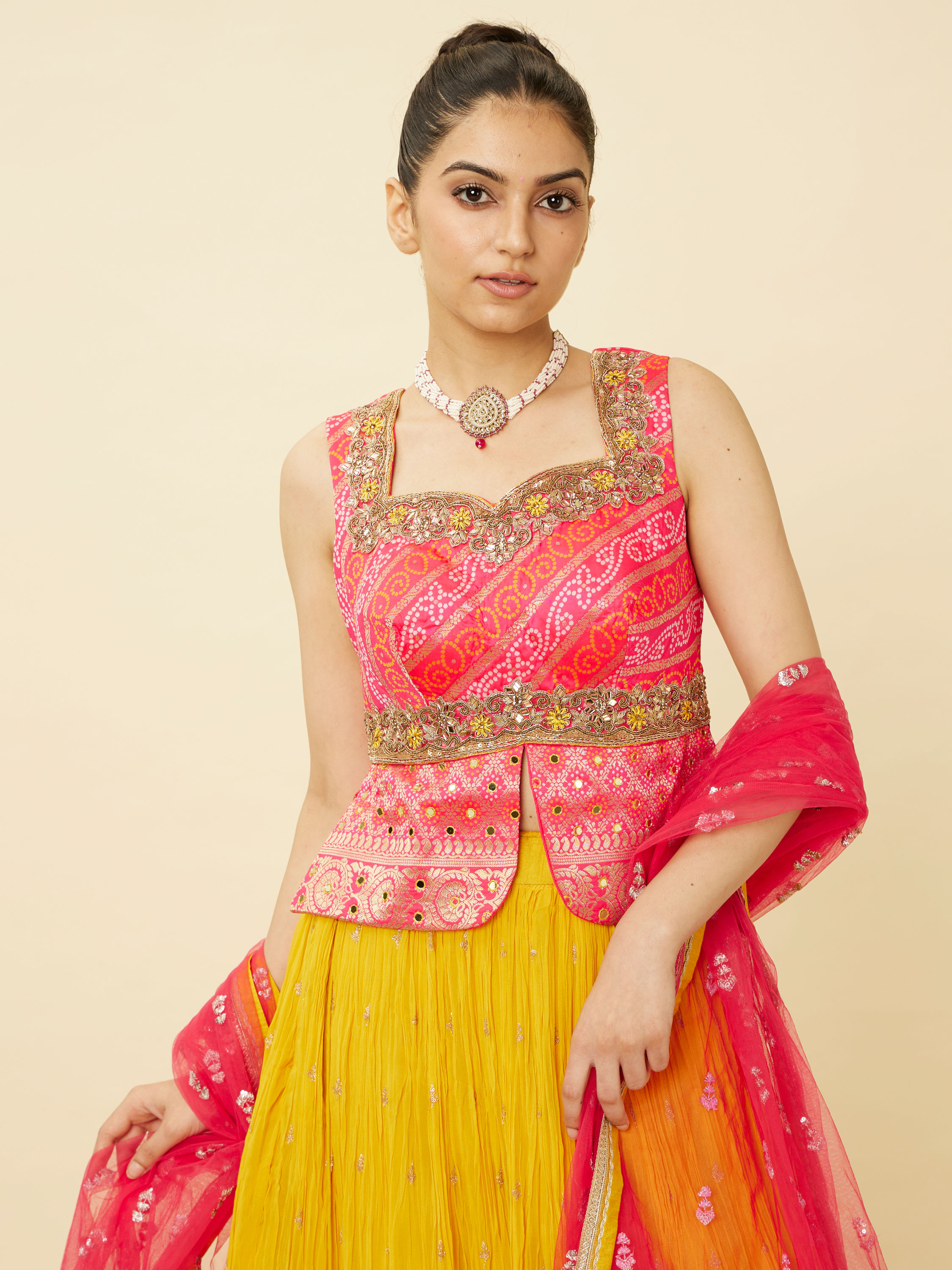 Mohey Women Yellow and Ruby Pink Sequined Fusion Lehenga