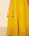 Mohey Women Yellow and Ruby Pink Sequined Fusion Lehenga