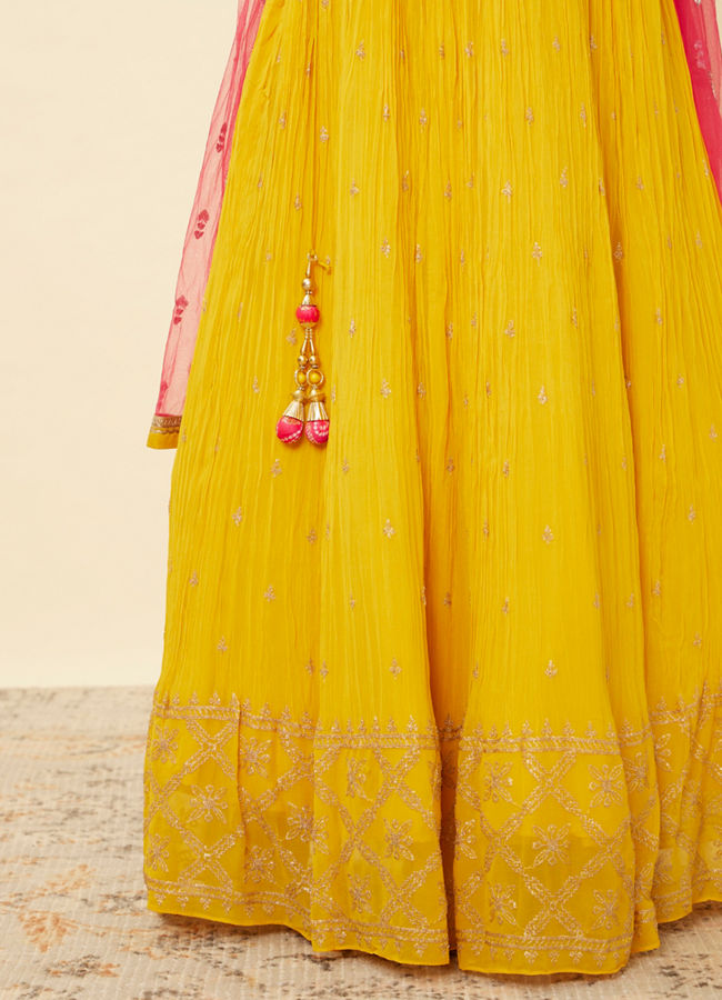 Mohey Women Yellow and Ruby Pink Sequined Fusion Lehenga