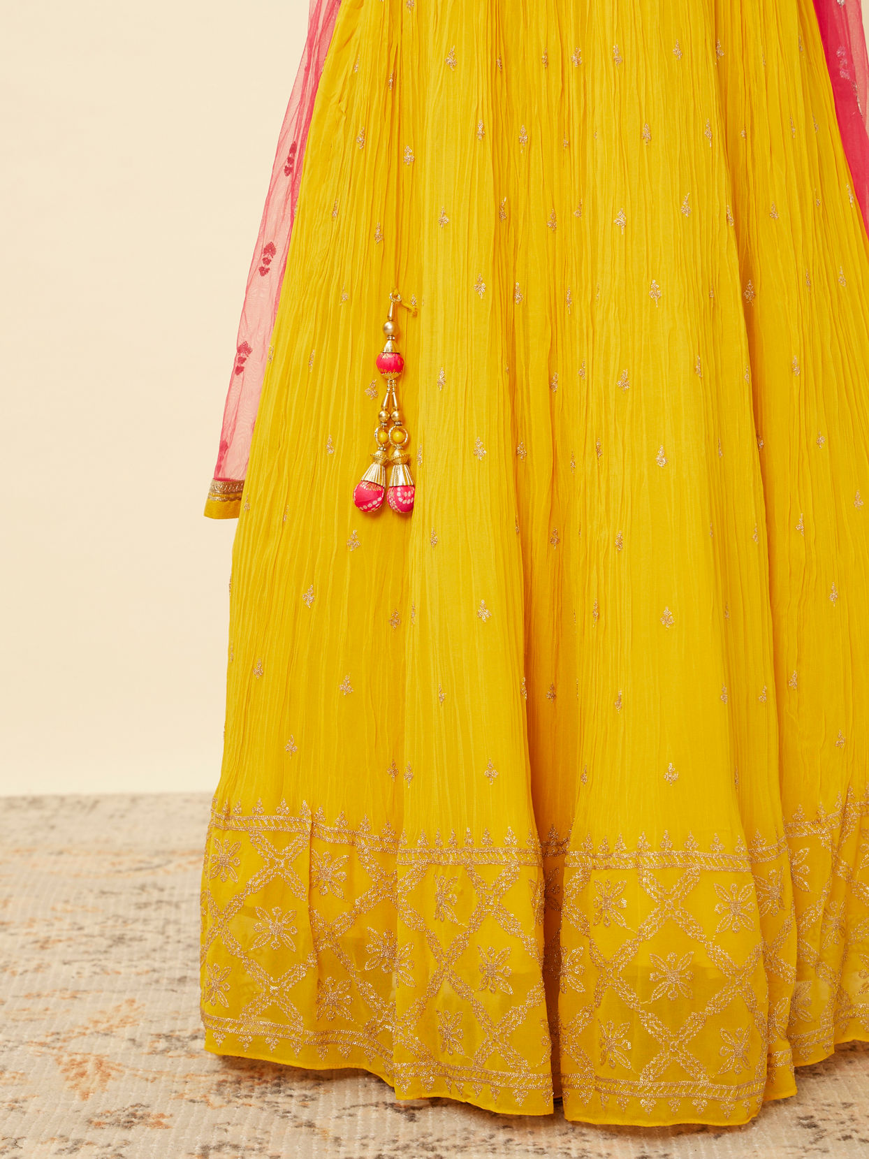 Mohey Women Yellow and Ruby Pink Sequined Fusion Lehenga