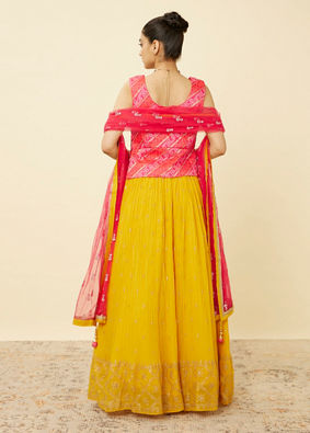 Illuminating Yellow and Ruby Pink Sequined Skirt Top Set image number 4
