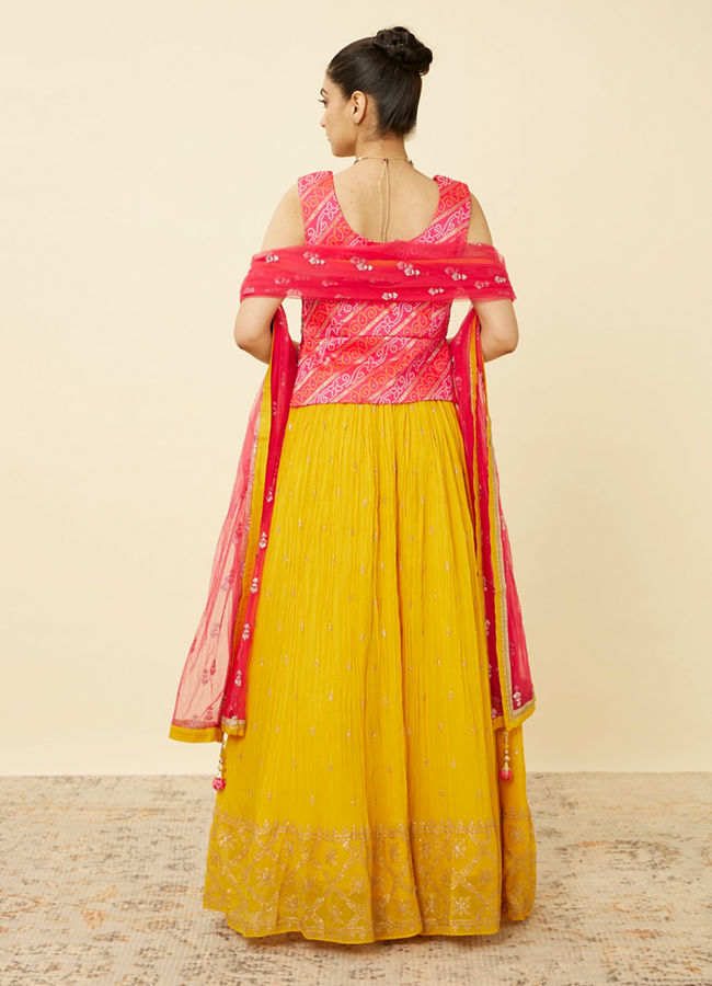 Mohey Women Yellow and Ruby Pink Sequined Fusion Lehenga