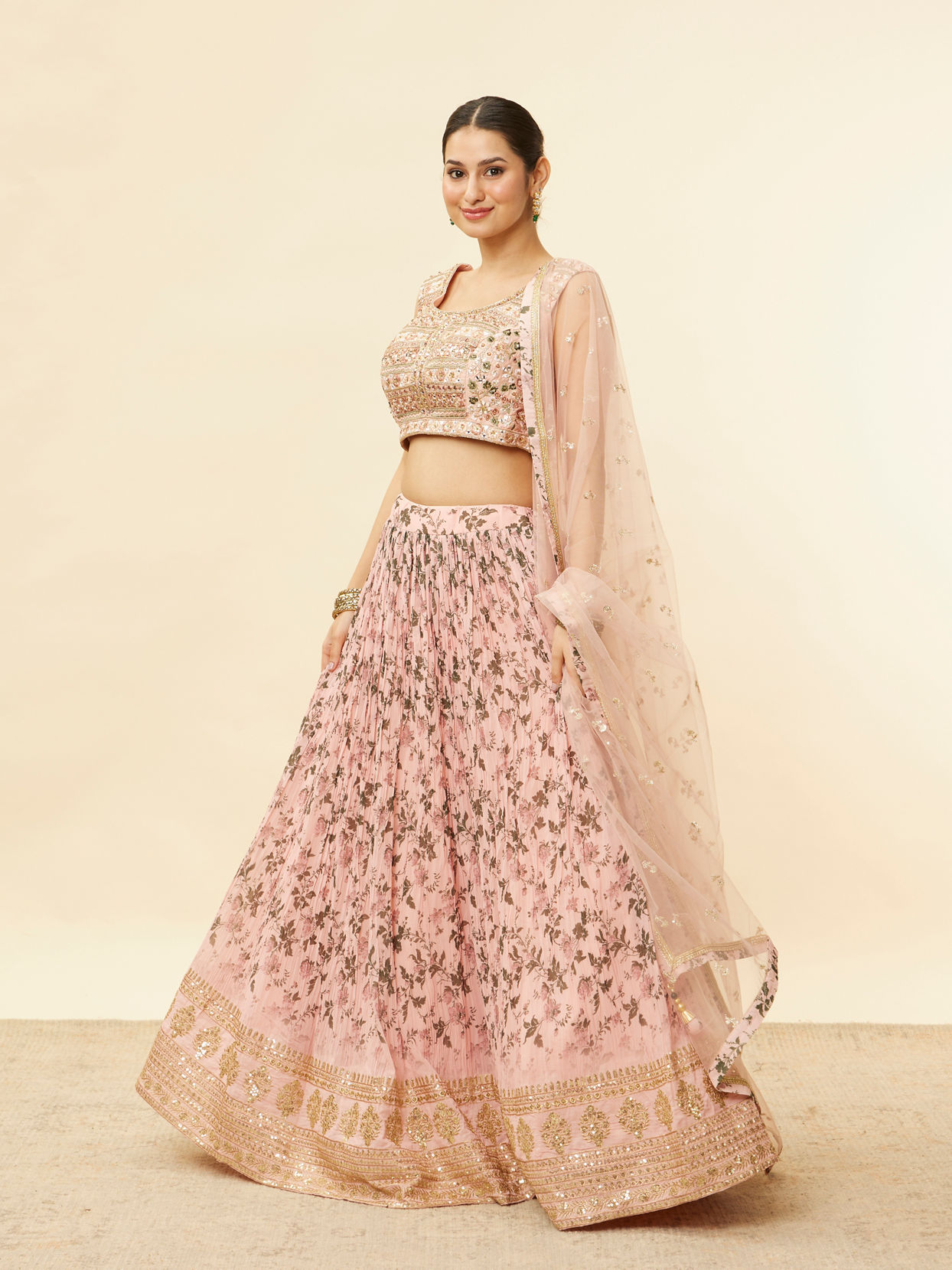 alt message - Mohey Women Peach Fuzz Floral Print Lehenga image number 2