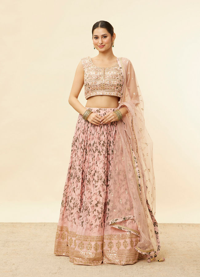 alt message - Mohey Women Peach Fuzz Floral Print Lehenga image number 0