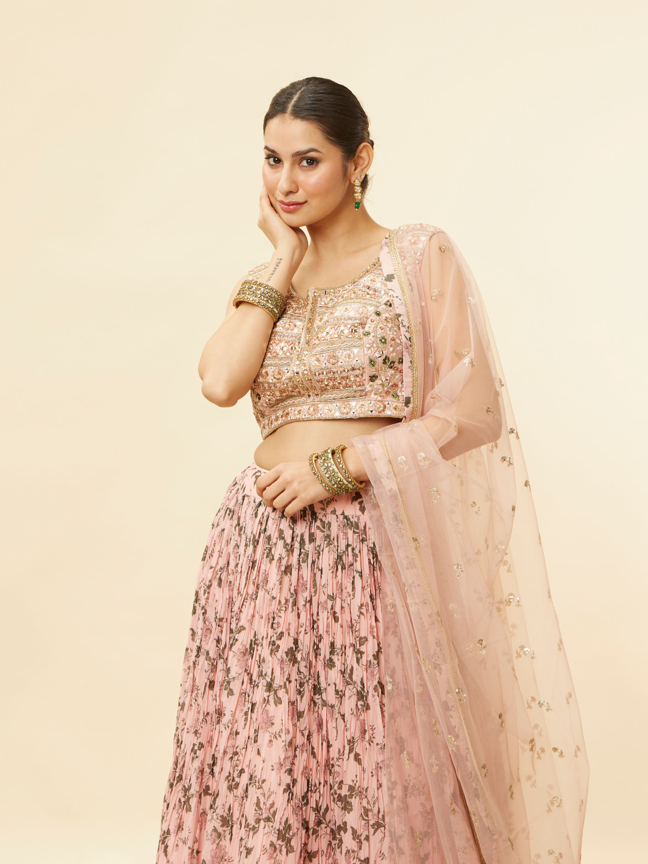 Mohey Women Peach Fuzz Floral Print Lehenga