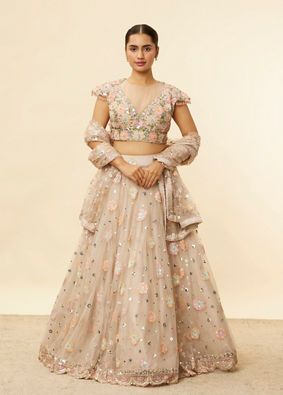 Mohey Women Oyster Grey Floral Embroidered Lehenga