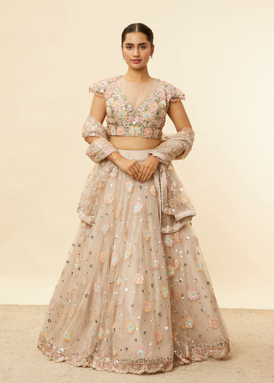 Mohey Women Oyster Grey Floral Embroidered Lehenga