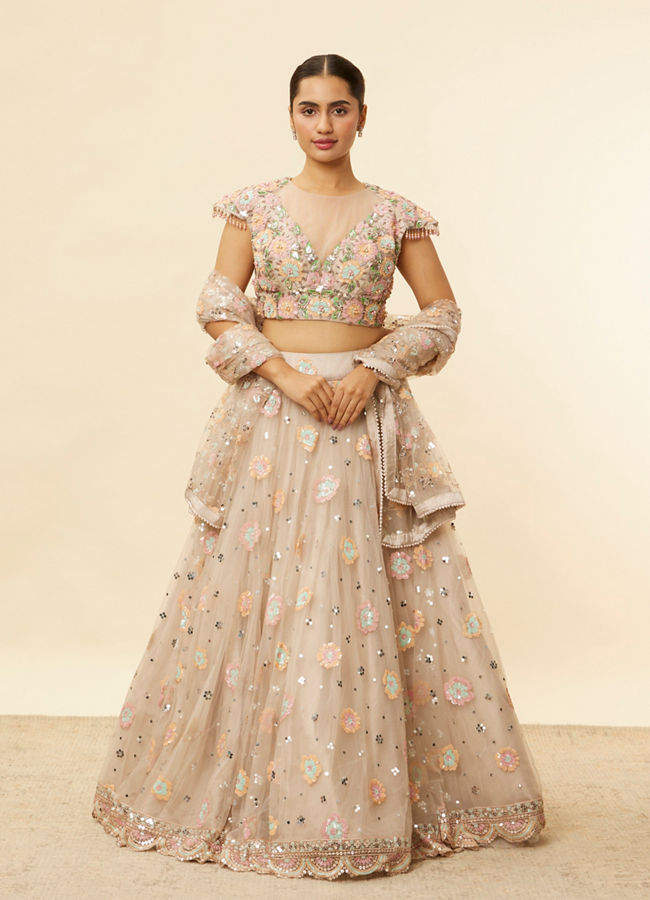 Mohey Women Oyster Grey Floral Embroidered Lehenga