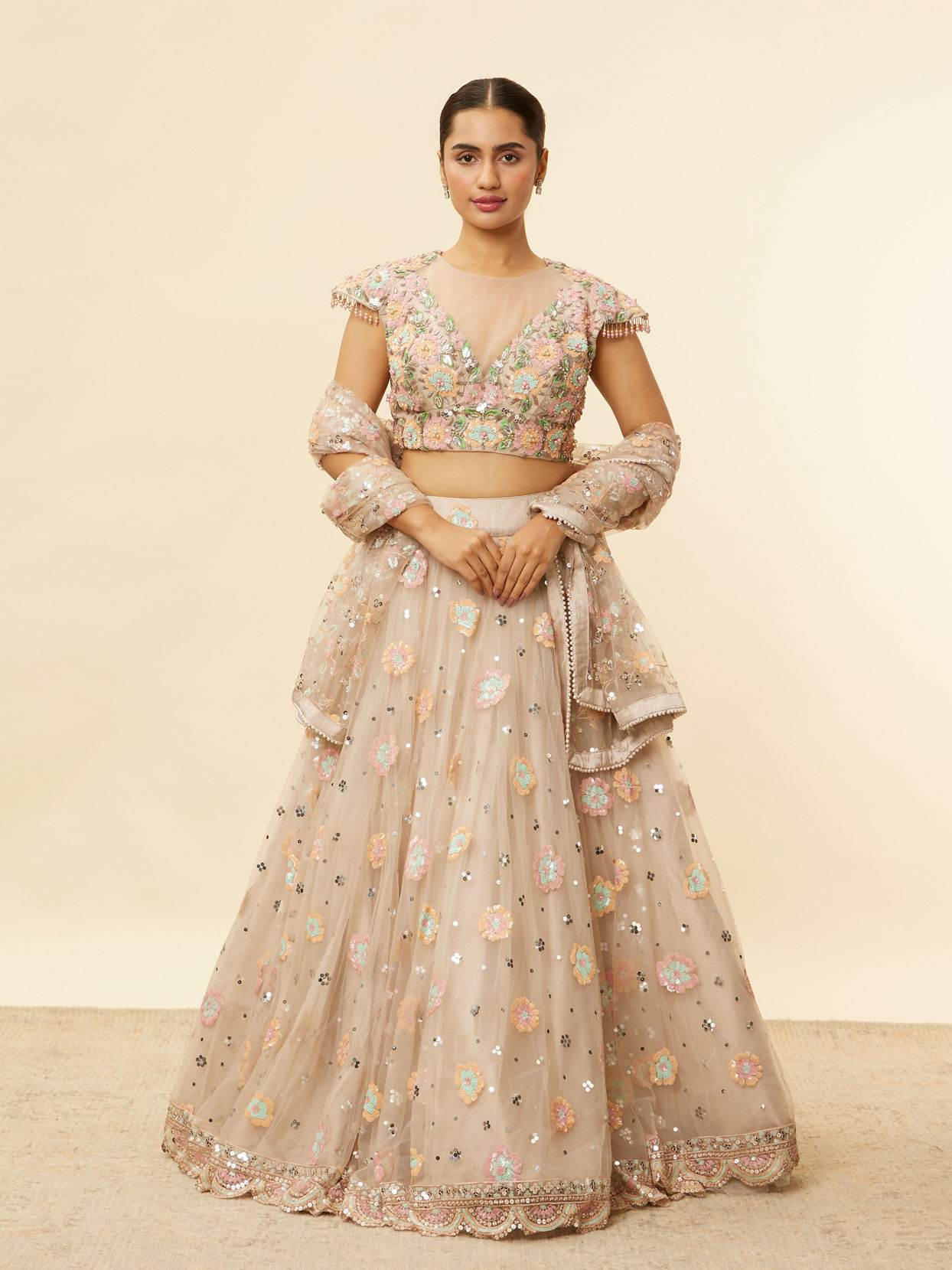 Mohey Women Oyster Grey Floral Embroidered Lehenga